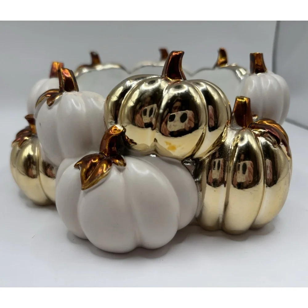 BATH & BODY WORKS WHITE & GOLD PUMPKIN PATCH CANDLE HOLDER FOR 3 WICK CANDLES